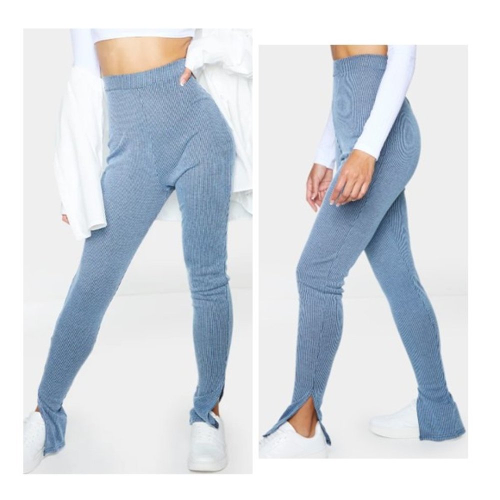 PrettyLittleThing Blue Contrast Ribbed Split Hem Leggings Size 2
